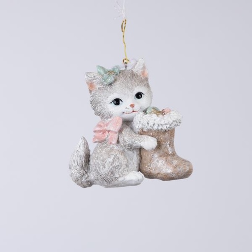 [600-46337] ADORNO COLGANTE DE POLIRESINA, GATITO CON LAZO ROSA, 10,5x5,5x10,5cm