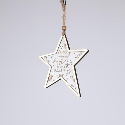 [600-46368] ADORNO DE MADERA ESTRELLA, BLANCO CON DORADO, 0,5x11x24cm