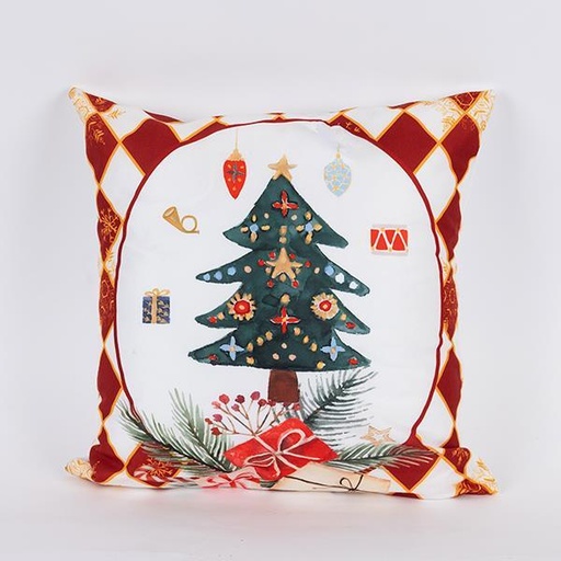 [600-46394] ALMOHADA ROJA CON ÁRBOL DE NAVIDAD, 45X45CM