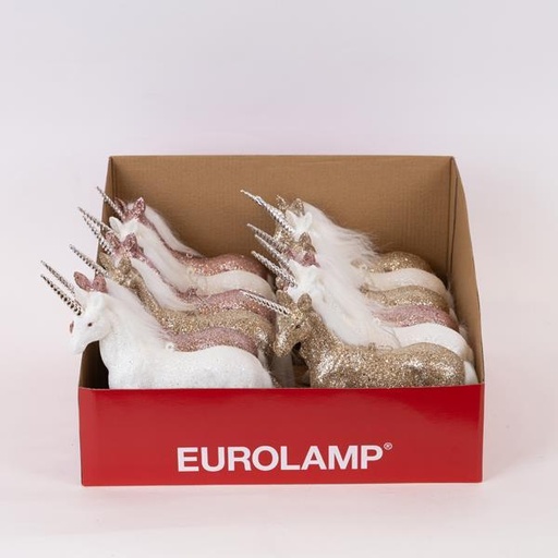 [600-46418] CAJA EXPOSITOR, UNICORNIO, BLANCO, ROSA, CHAMPÁN, 15 CM, 12 UDS.
