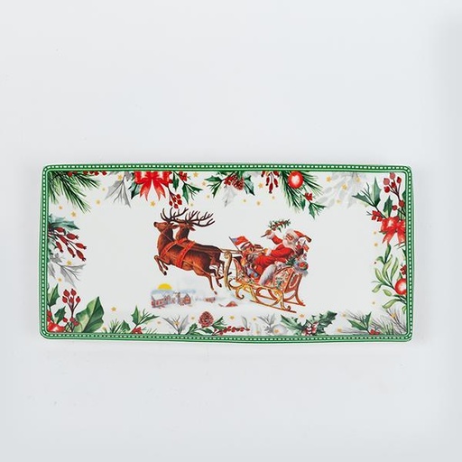 [600-46497] PLATO RECTANGULAR CON ESCENA NAVIDEÑA, VERDE, 32,8 CM