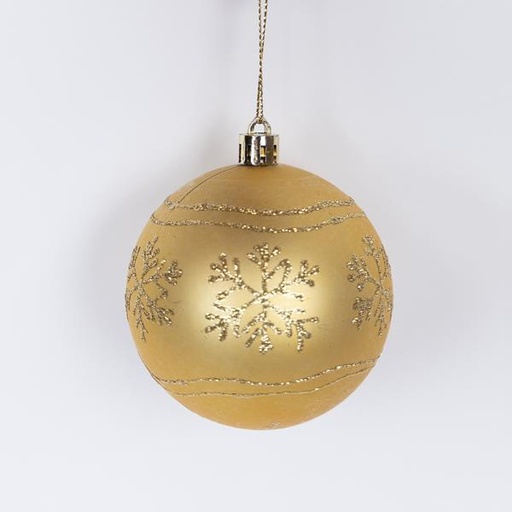 [600-46534] BOLAS DE PLÁSTICO DORADAS CON COPOS DE NIEVE, JUEGO DE 6 UNIDADES, 8 CM (TOP 120)