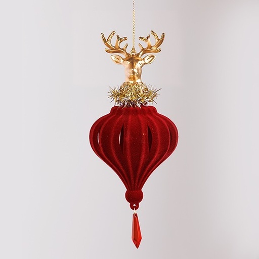 [600-46659] ADORNO COLGANTE, TERCIOPELO, ROJO CON CIERVO DORADO, 19,56 CM