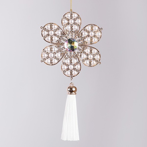 [600-46662] COPO DE NIEVE, PERLA DORADA CON BORLA BLANCA, 8,8X19CM