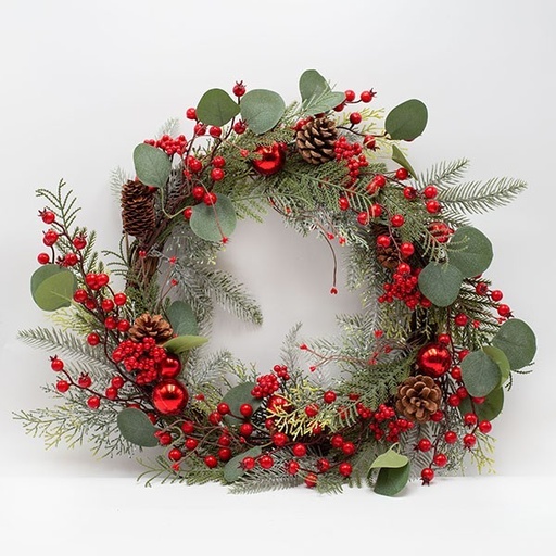 [600-46704] CORONA CON BOLAS ROJAS Y HOJAS DE EUCALIPTO, 60CM