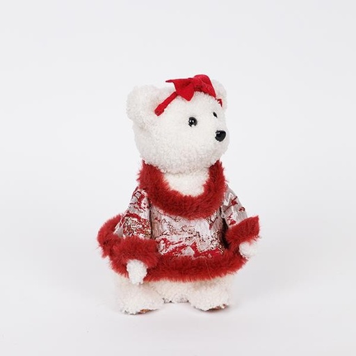 [600-46709] OSO DE PELUCHE CON ROPA Y LAZO BURDEOS, 23CM