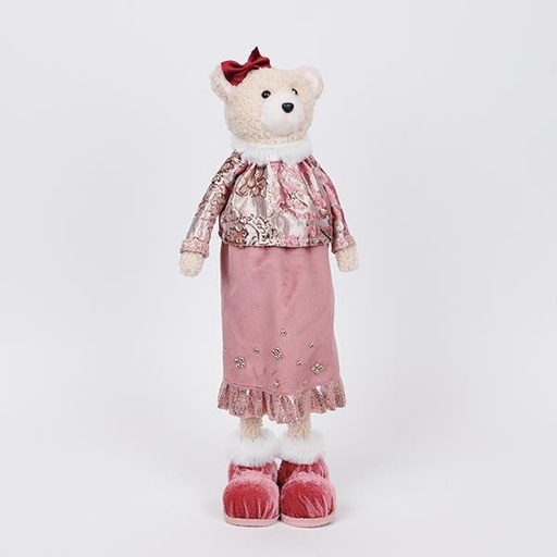 [600-46713] SEÑORA OSA CON ROPA ROSA BORGOÑA Y LAZO, 45 CM