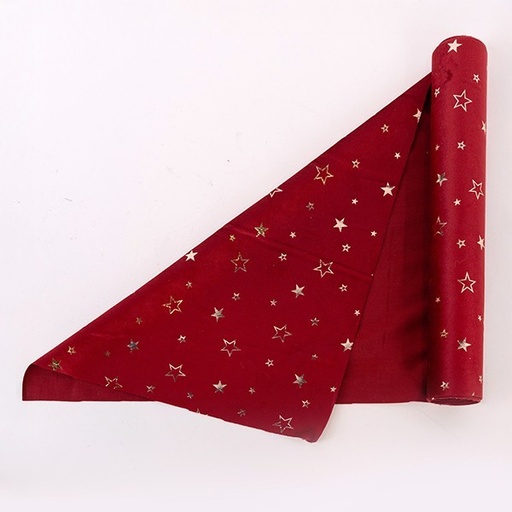[600-46730] CAMINO DE MESA, TERCIOPELO ROJO CON ESTRELLAS CHAMPÁN, 35X200CM