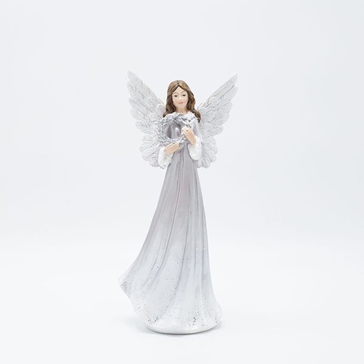 [600-46746] ÁNGEL DE POLIRESINA, PLATA, CON CORONA, 12X9X25,7CM