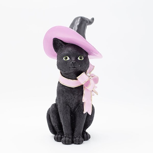 [600-46753] GATO BRUJO DE POLIRESINA, CON LAZO ROSA, HALLOWEEN, 15,3X14,5X29,8CM