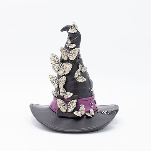 [600-46755] SOMBRERO DE BRUJA DE POLIRESINA, NEGRO, CON MARIPOSAS, HALLOWEEN, 20,3X19,3X22,5CM