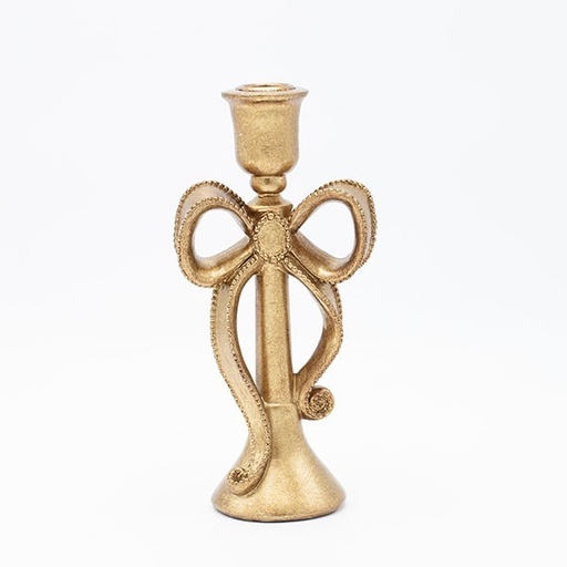 [600-46756] CANDELABRO DE POLIRRESINA, DORADO, CON LAZO, 10,3 X 7,3 X 21,7 CM