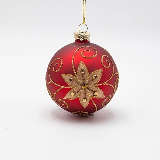[600-46765] BOLA DE CRISTAL, ROJA CON FLOR DORADA, SET DE 4 PIEZAS, 8 CM