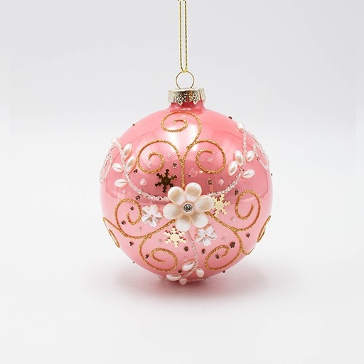 [600-46767] BOLA DE CRISTAL, ROSA CON FLOR DE PERLA BLANCA, SET DE 4 PIEZAS, 8 CM