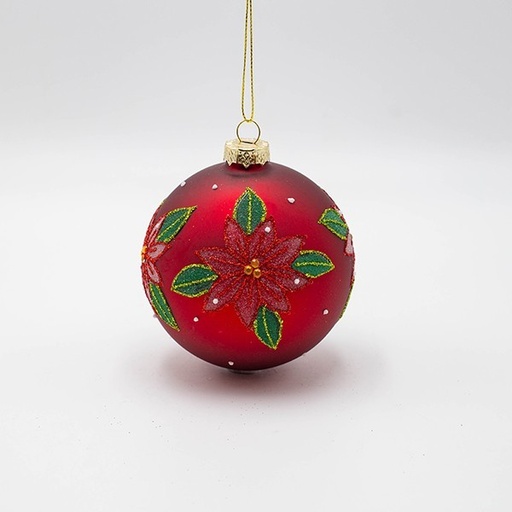 [600-46770] BOLA DE CRISTAL, ROJA CON FLOR DE POINSETTI, SET DE 4 PIEZAS, 10 CM