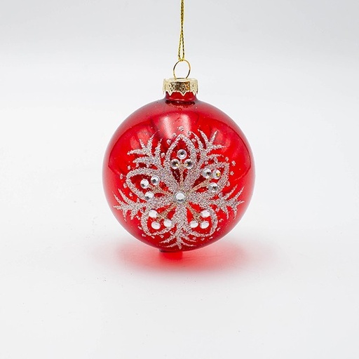 [600-46771] BOLA DE CRISTAL, ROJA CON FLOR PLATEADA, SET DE 4 PIEZAS, 8 CM