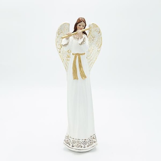[600-46828] ÁNGEL DE POLIRESINA CON FLAUTA, BLANCO, 10,5X28,5CM