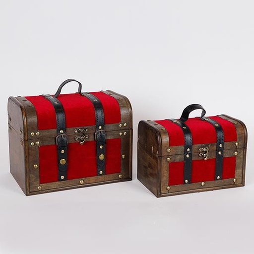 [600-46875] BAÚL DE MADERA, TERCIOPELO BURDEOS, JUEGO DE 2 PIEZAS, 29X19X22CM Y 25X15X17CM