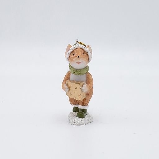[600-46939] ADORNO COLGANTE DE POLIRESINA, RATÓN CON QUESO, VERDE, 5X8CM