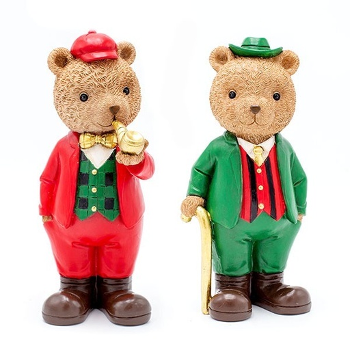 [600-46959] OSO DECORATIVO DE POLIRESINA, VINTAGE, VERDE Y ROJO, 2 DISEÑOS, 10X21CM