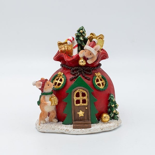 [600-46965] DECORACIÓN DE POLIRESINA, CASA CON RATONES, ILUMINADA, 12X13CM