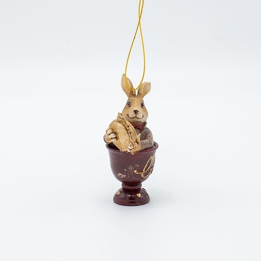 [600-46974] ADORNO COLGANTE DE POLIRESINA, CONEJO EN TAZA DE TÉ, VINTAGE, 6X8,5 CM