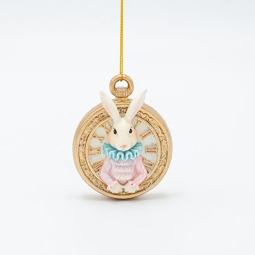 [600-46976] ADORNO COLGANTE DE POLIRESINA, RELOJ CON CONEJO, DORADO ROSA, 5,5X7CM