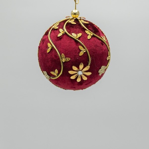 [600-46985] BOLA DE TERCIOPELO, BURDEOS, CON MARIPOSAS DORADAS, 10 CM
