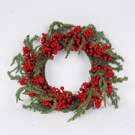 [600-46998] CORONA CON FRUTOS ROJOS Y RAMA DE ABETO, 50CM