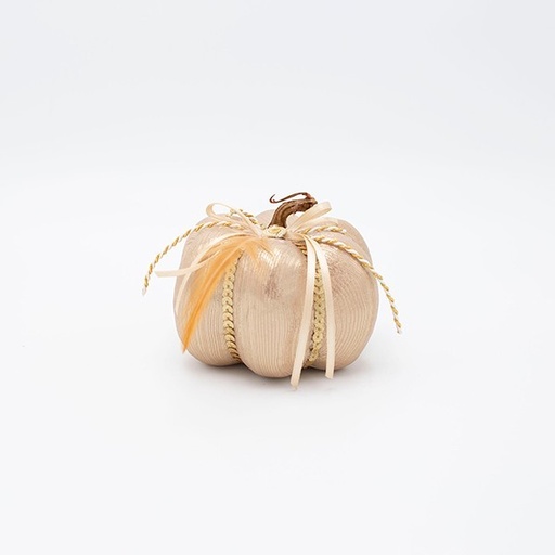 [600-47011] CALABAZA, COLOR CHAMPÁN OSCURO METALIZADO, CON PLUMA, 8X8CM