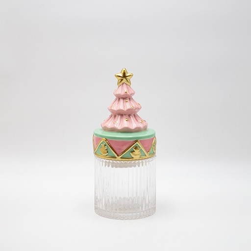 [600-47024] TARRO DE GALLETAS CON TAPA DE ÁRBOL DE NAVIDAD ROSA, DECORATIVO, 11 X 25 CM
