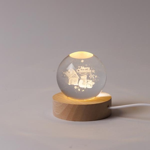[600-47060] BOLA ILUMINADA DE 6 CM, DISEÑO NAVIDEÑO, MUÑECO DE NIEVE CON CASA, USB, 6 LED SMD BLANCO CÁLIDO, BASE DE 7 CM, CABLE DE 70 CM, IP20