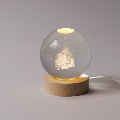 [600-47061] BOLA ILUMINADA DE 8 CM, DISEÑO NAVIDEÑO, PAPÁ NOEL CON ÁRBOL DE NAVIDAD, USB, 6 LED SMD BLANCO CÁLIDO, BASE DE 7 CM, CABLE DE 70 CM, IP20