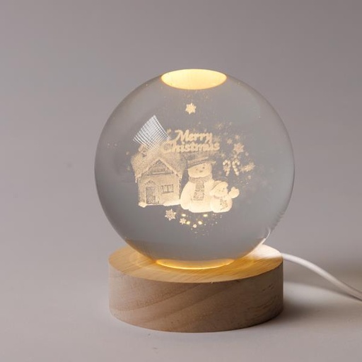 [600-47063] BOLA ILUMINADA DE 8 CM, DISEÑO NAVIDEÑO, MUÑECO DE NIEVE CON CASA, USB, 6 LED SMD BLANCO CÁLIDO, BASE DE 7 CM, CABLE DE 70 CM, IP20