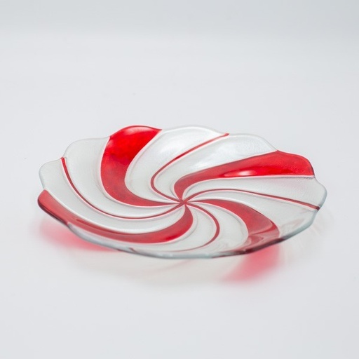 [600-47138] PLATO DE DULCES REDONDO, PLATEADO ROJO, VIDRIO DECORATIVO, 23,5 CM