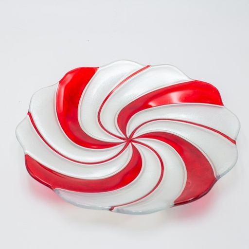 [600-47139] PLATO DE DULCES REDONDO, PLATEADO ROJO, VIDRIO DECORATIVO, 31,5 CM