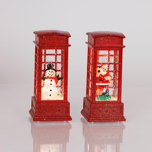 [600-47219] CABINA TELEFÓNICA ILUMINADA, CON AGUA EN SU INTERIOR, CAJA PARA PILAS 3*LR44, LED BLANCO CÁLIDO, 5,4X5,4X12CM, 2 DISEÑOS, IP20, CAJA EXPOSITOR (16 UDS)