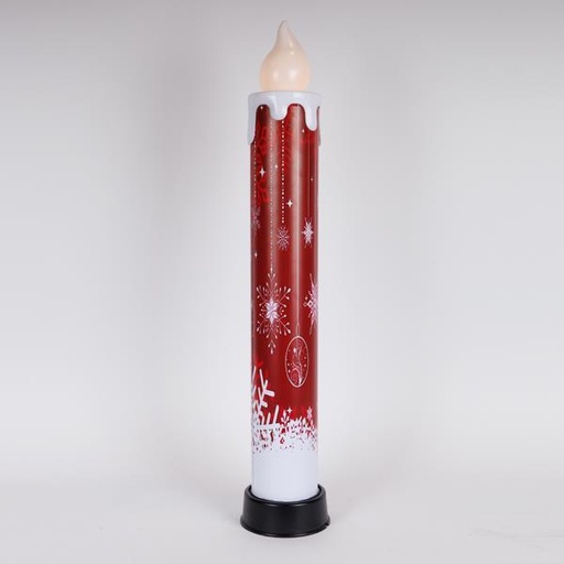 [600-47237] VELA ENCENDIDA 14X82, ROJA CON COPOS DE NIEVE, CON LLAMA MOVIL, CAJA DE PILAS 3XAA, TEMPORIZADOR, 6 LED BLANCO CÁLIDO, IP44