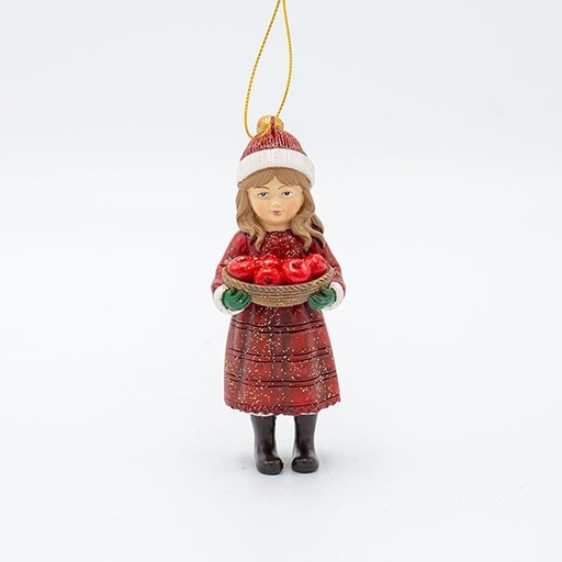 [600-47249] ADORNO DE POLIRESINA, NIÑA CON MANZANAS, ROJO, 5,5X12CM