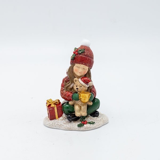 [600-47252] FIGURA DECORATIVA DE POLIRRESINA, NIÑA CON OSO, COLOR ROJO, 7,5 X 9 CM.