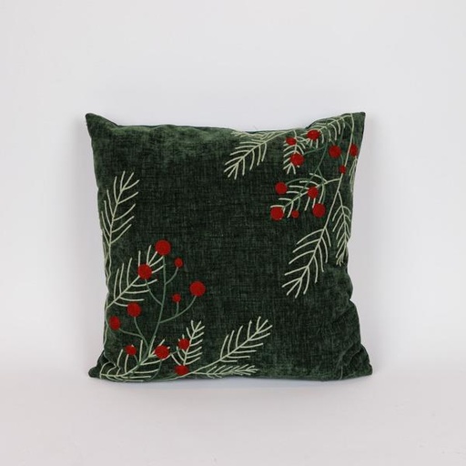 [600-47390] ALMOHADA, TERCIOPELO VERDE, CON MUÉRDAGO, 45X45CM