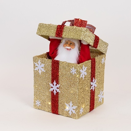 [600-47438] REGALO MECÁNICO CON TAPA DE APERTURA TÁCTIL, MÚSICA, MOVIMIENTO Y LUZ, DORADO, A PILAS, 25X25CM