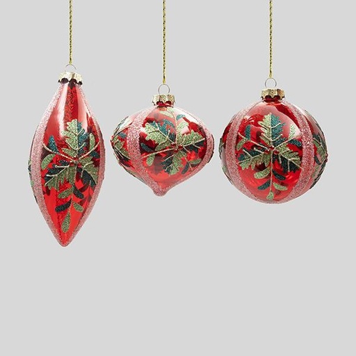 [600-47453] ADORNO DE VIDRIO, ROJO TRANSPARENTE CON DISEÑOS ROSAS Y MUÉRDAGO, 3 DISEÑOS, SET DE 4 PIEZAS, 10 CM