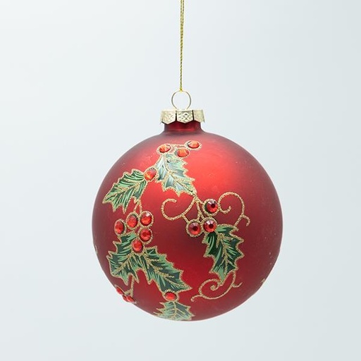 [600-47454] BOLA DE CRISTAL, COLOR ROJO MATE CON MUÉRDAGO, JUEGO DE 4 PIEZAS, 10 CM