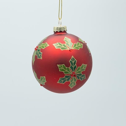 [600-47455] BOLA DE CRISTAL, ROJO MATE CON MUÉRDAGO, SET DE 4 PIEZAS, 8 CM