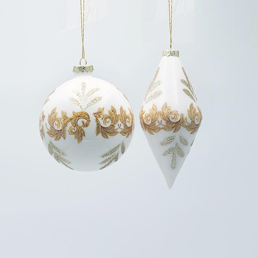 [600-47465] ADORNO DE CRISTAL, PERLA BLANCA CON DETALLES EN CHAMPÁN, 2 DISEÑOS, SET DE 4 PIEZAS, 8 CM X 12,5 CM