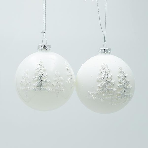 [600-47471] BOLA DE CRISTAL, BLANCA, MATE Y BRILLO, CON ÁRBOLES 3D, SET DE 4 PIEZAS, 10 CM