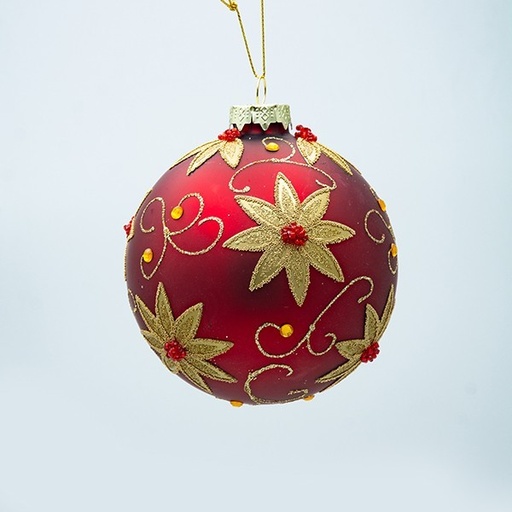 [600-47477] BOLA DE CRISTAL ROJA CON FLOR DE PASCUA DORADA, JUEGO DE 4 PIEZAS, 10 CM