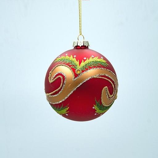 [600-47478] BOLA DE CRISTAL, ROJA CON DETALLES DORADOS Y VERDES, SET DE 4 PIEZAS, 10 CM