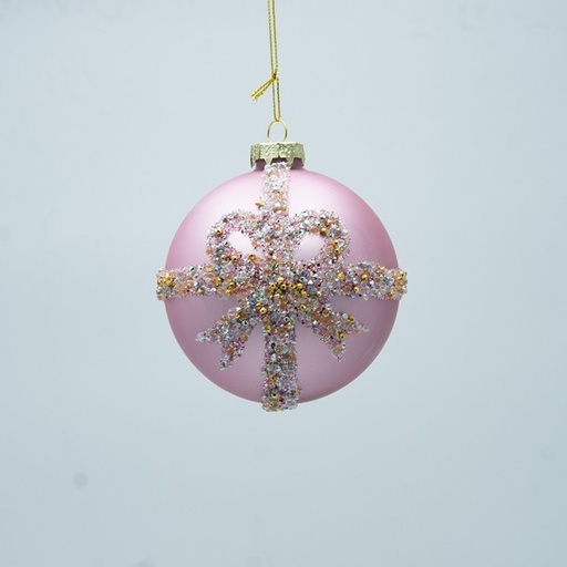 [600-47481] BOLA DE CRISTAL, ROSA CLARO CON LAZO COLOR CHAMPÁN, JUEGO DE 4 PIEZAS, 10 CM